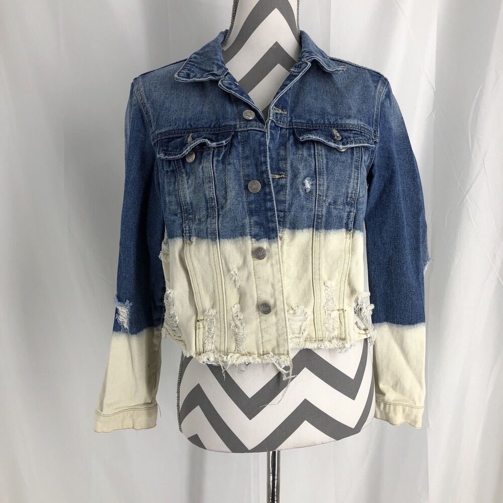 BBJ Los Angeles Denim Jacket Blue White Distressed Cropped Jean Coat Sz Small
